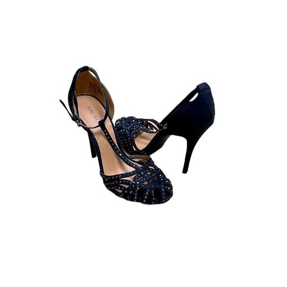 🌟75% OFF🌟NEW🌟 Nine West Sparkling Black Suede Leather Evening Sandals - Picture 1 of 4